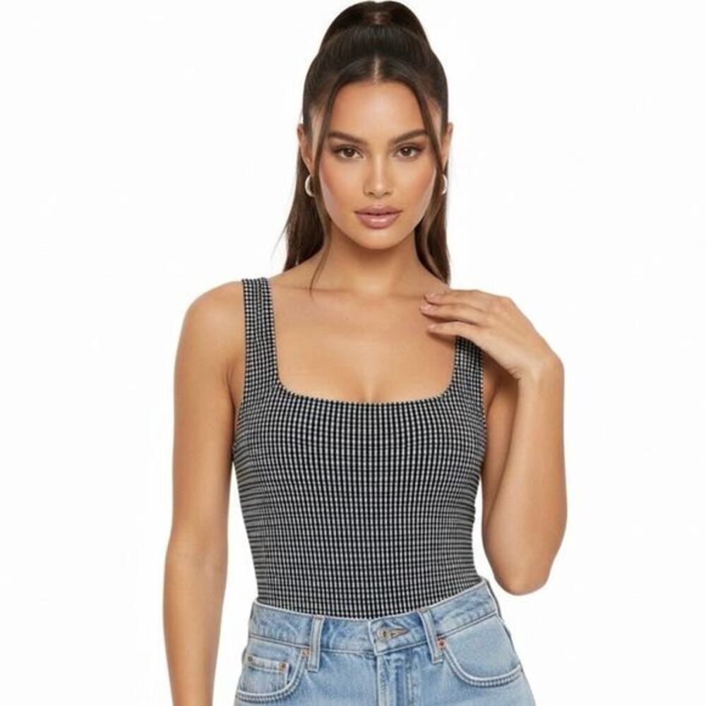 Caution to the Wind Bodysuit Womens S Black White Checker Print 90s Clean Girl‎